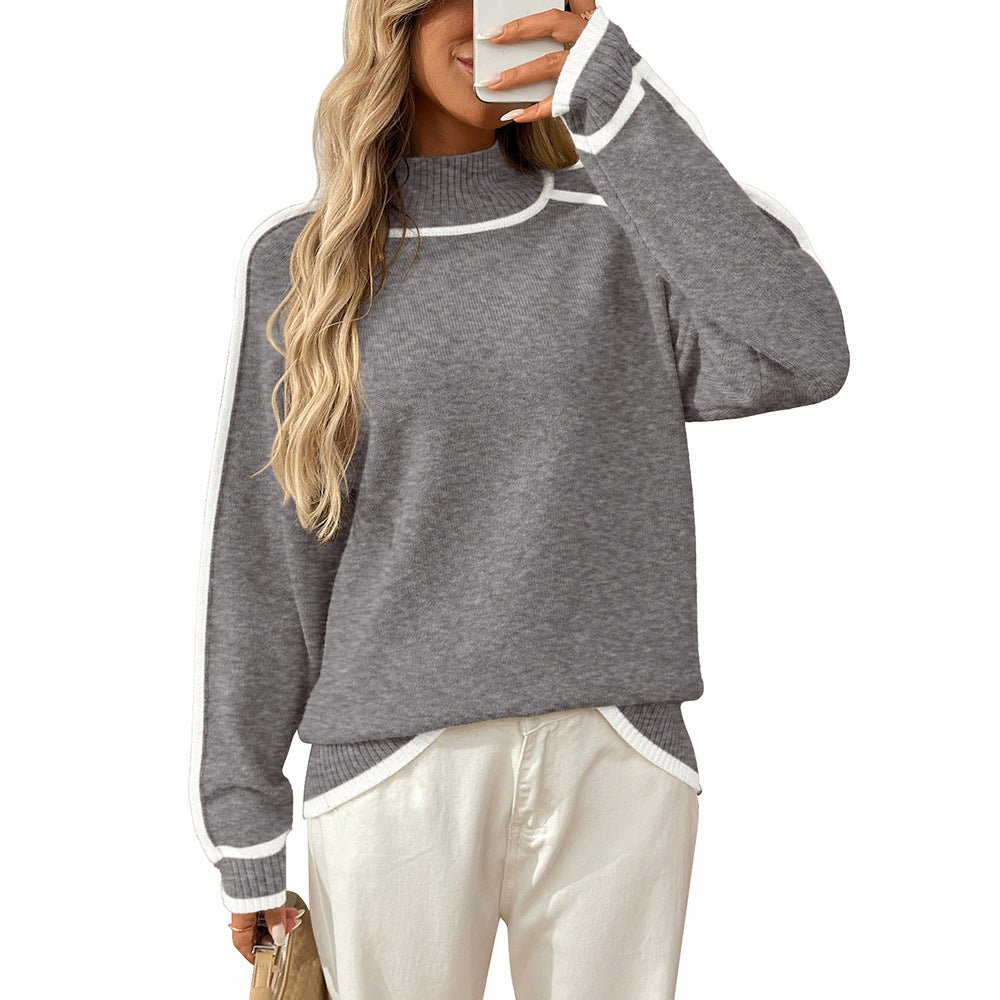 Autumn Winter Season Half Turtleneck Casual Loose Pullover Lazy Contrast Color Sweater Bella Mia