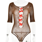 Autumn Sexy High Elastic Knitted See through Bow Hollow Out Cutout Rhinestone Jumpsuit Bella Mia