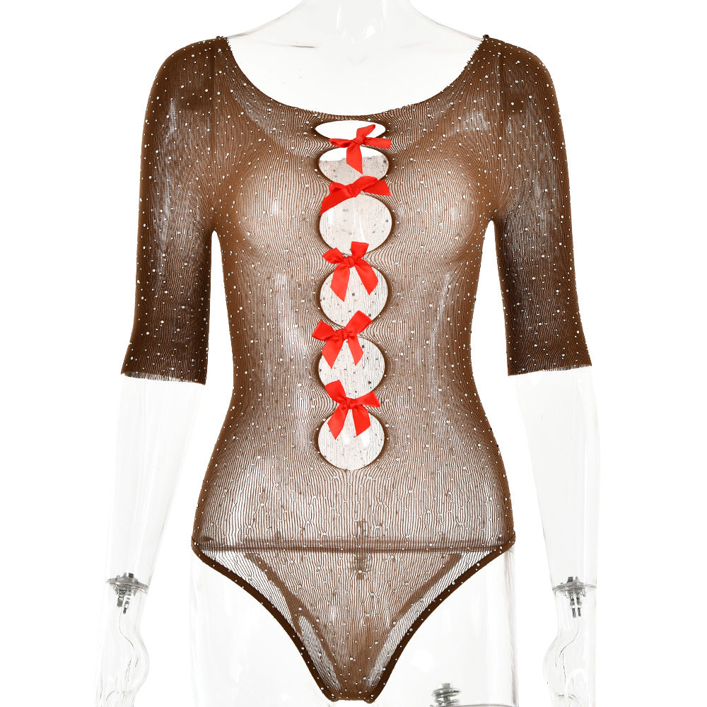 Autumn Sexy High Elastic Knitted See through Bow Hollow Out Cutout Rhinestone Jumpsuit Bella Mia