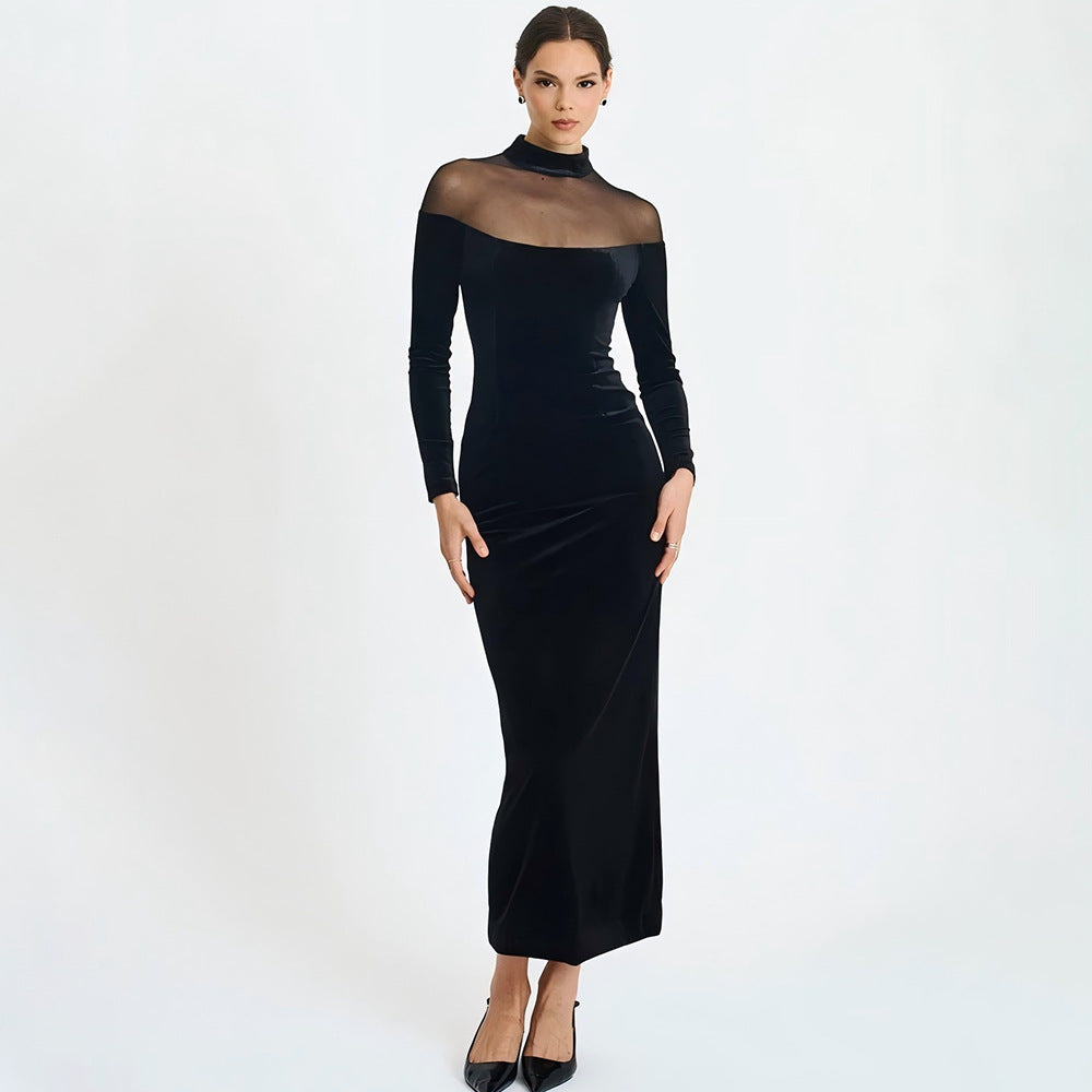 Autumn Winter Wear Voile See through Stitching Dress Sexy Tight Solid Color Dress Bella Mia