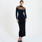 Autumn Winter Wear Voile See through Stitching Dress Sexy Tight Solid Color Dress Bella Mia