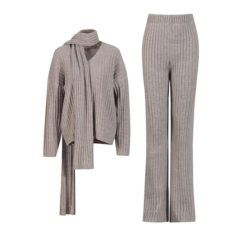 Women Autumn Winter High Grade Elegant Knitted Two Piece Scarf Design Loose Wide Leg Pants Set Bella Mia