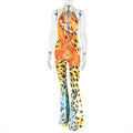 Office Women Clothing Slim Print Long Conjoined Trousers Lace up Halterneck Backless Bodysuit Bella Mia