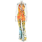 Office Women Clothing Slim Print Long Conjoined Trousers Lace up Halterneck Backless Bodysuit Bella Mia