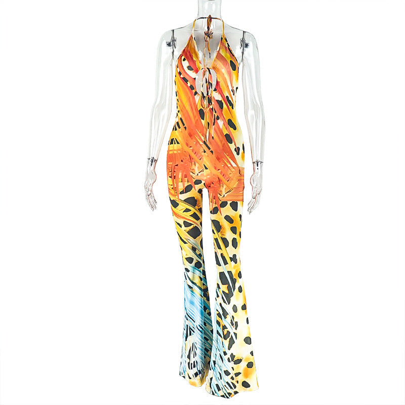 Office Women Clothing Slim Print Long Conjoined Trousers Lace up Halterneck Backless Bodysuit Bella Mia
