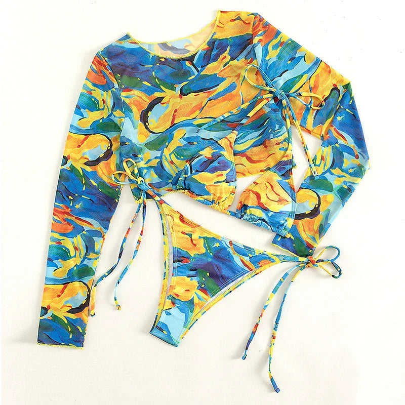 Three-Piece Swimsuit with Chest Pad Triangle Split Swimsuit Shoelace Bikini Long Sleeve Blouse Slim and Sexy Bikini LUXLIFE BRANDS