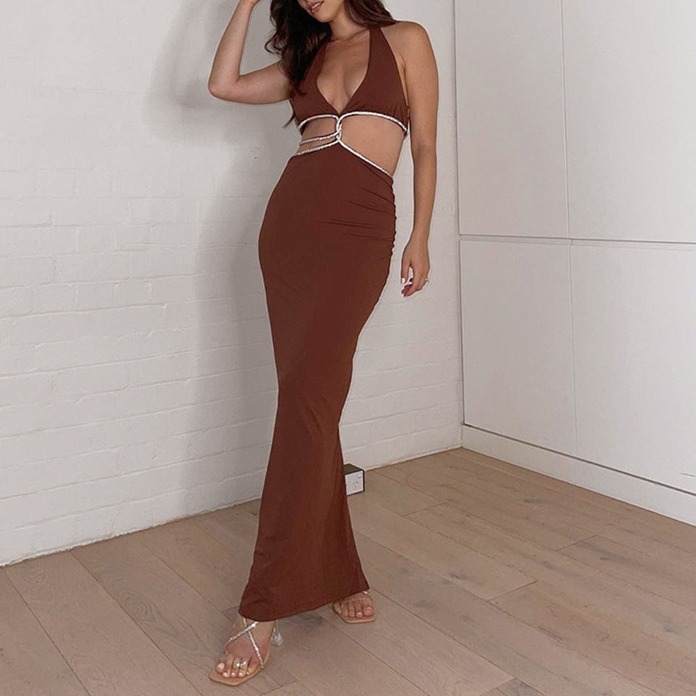 Sexy Cropped Outfit Halter Diamond Rope Maxi Dress Women Bella Mia