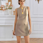 Women Clothing Rose Front Button Elegance Sleeveless round Neck Waist Trimming Elegant Dress Bella Mia