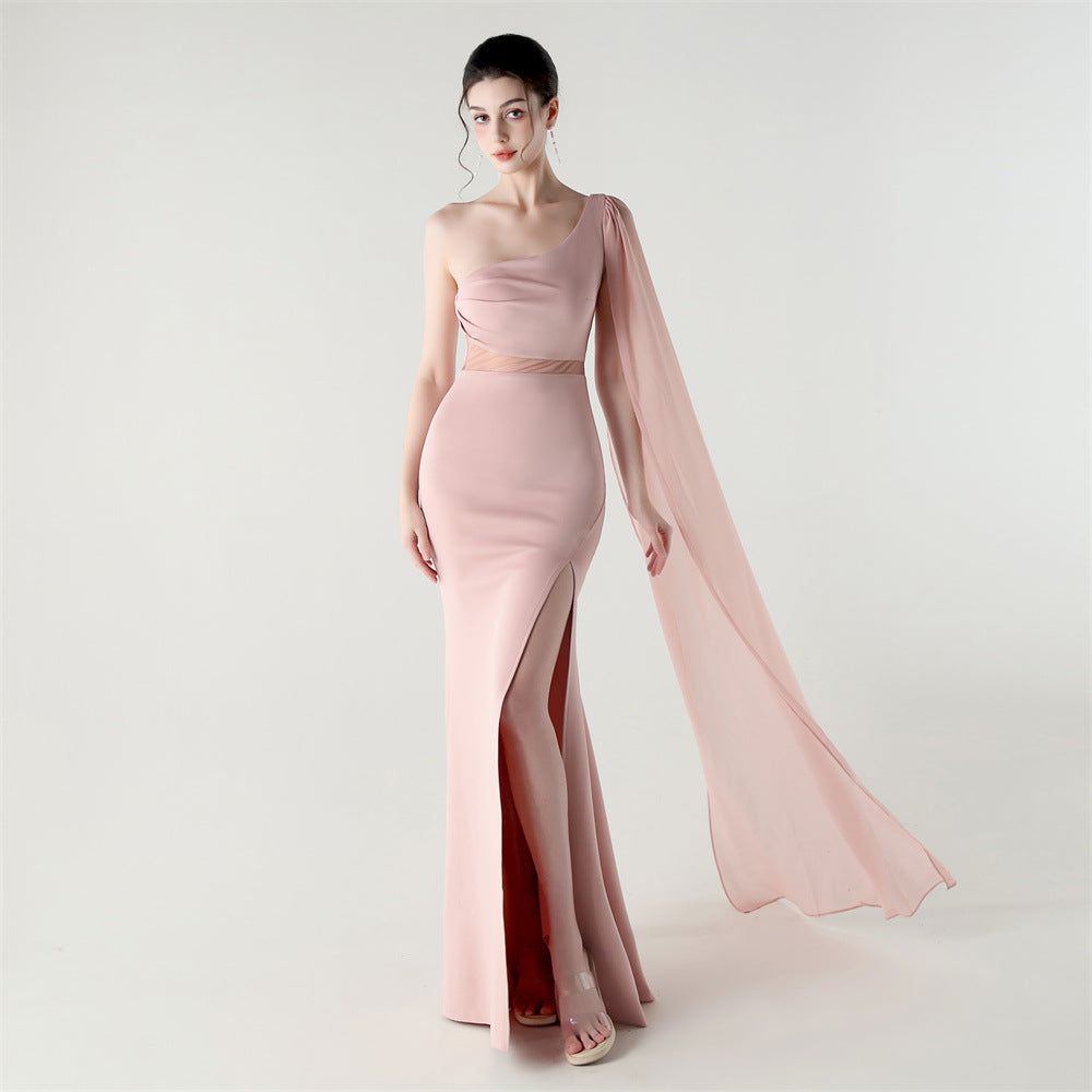 Single Shoulder Crossbody Stitching Mesh Design Satin Slim Cocktail Dress Evening Dress Bella Mia