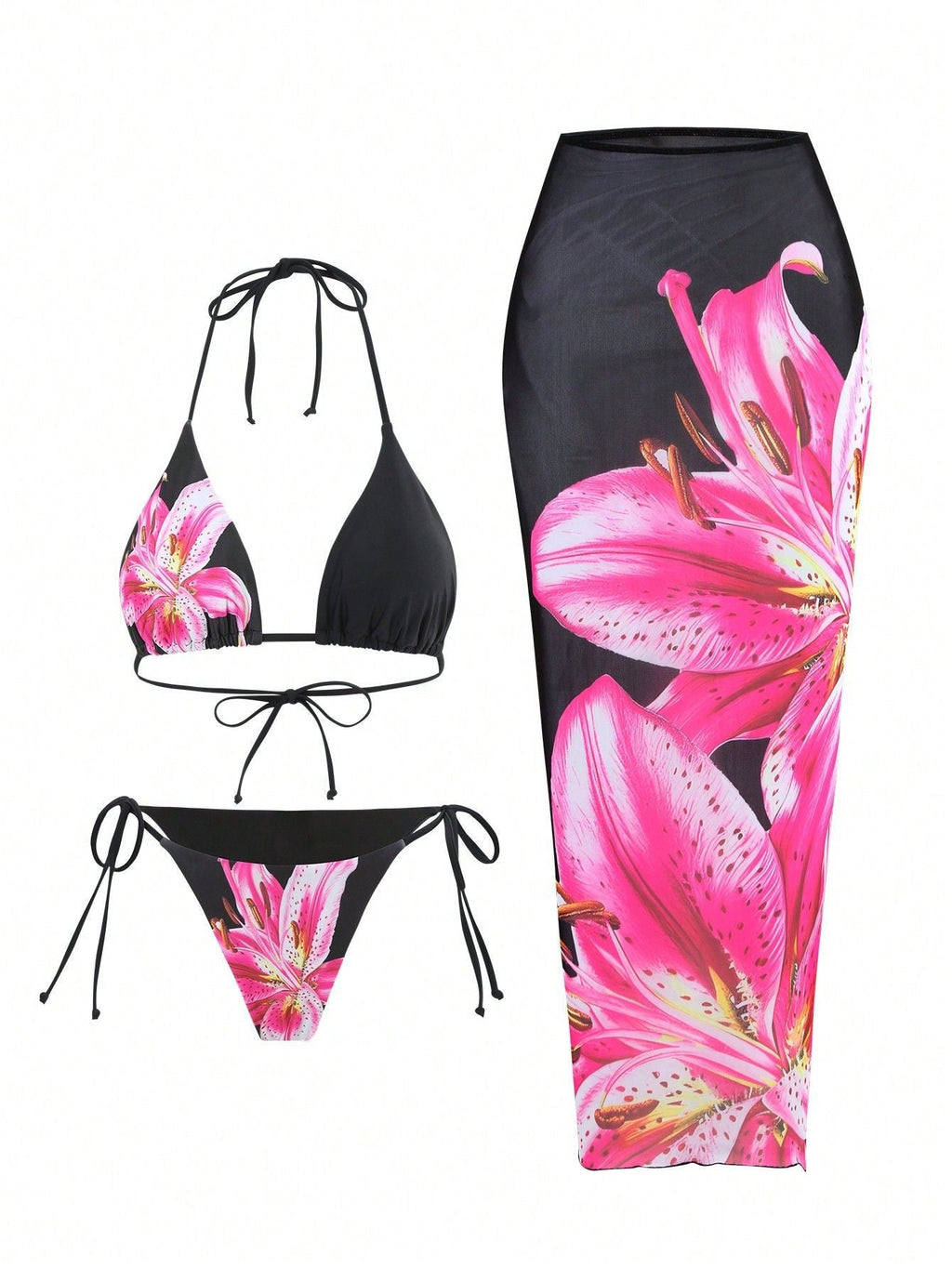 Printed Lace up Sexy High Waist Long Skirt Three Piece Bikini Swimsuit Swimwear Women Bella Mia