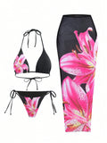 Printed Lace up Sexy High Waist Long Skirt Three Piece Bikini Swimsuit Swimwear Women Bella Mia