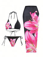 Printed Lace up Sexy High Waist Long Skirt Three Piece Bikini Swimsuit Swimwear Women Bella Mia