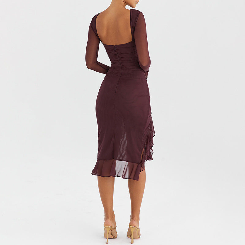 Autumn Sexy Trend Round Neck Slim Fit Long Sleeved Mesh Stitched Backless Sheath Dress Bella Mia
