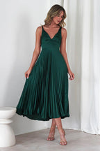 Summer Women Clothing Solid Color Pleated Sexy V neck Strap Dress Bella Mia