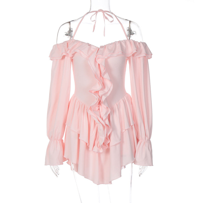 Women Clothing Autumn Sexy Halter Low Cut Ruffled Long Sleeve Romper Bella Mia