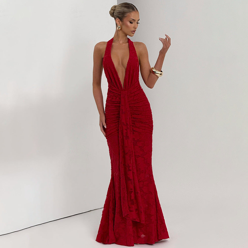 Lace Pleated Maxi Dress Women Sexy Deep V Plunge neck Backless Sheath Dress Bella Mia