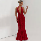 Lace Pleated Maxi Dress Women Sexy Deep V Plunge neck Backless Sheath Dress Bella Mia