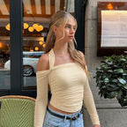 Women Clothing Autumn Sexy off Neck Solid Color Halter Cropped Long Sleeve Top for Women Bella Mia