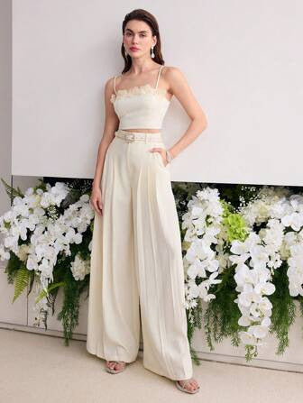 Spring Slim Fit High Grade Slim Sexy White Beautiful High Waist Wide Leg Women Two Piece Sets Bella Mia