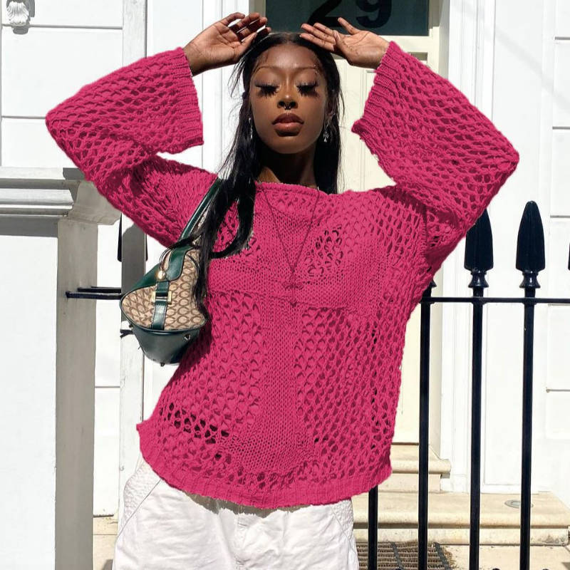 Round Neck Hollow Out Cutout Long Sleeved Criss Cross Blouse Summer See through Sexy Top Beach Sweaters Bella Mia