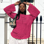 Round Neck Hollow Out Cutout Long Sleeved Criss Cross Blouse Summer See through Sexy Top Beach Sweaters Bella Mia