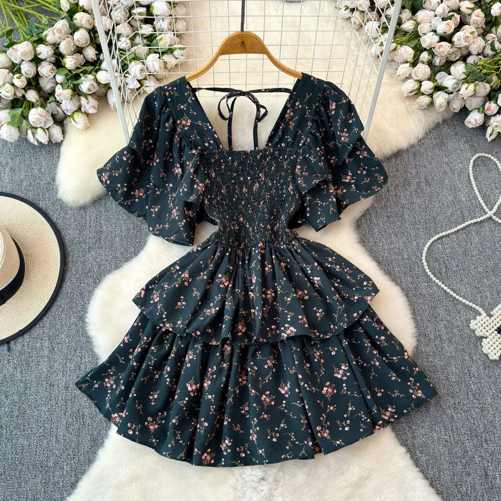 Design Summer Ruffle Sleeve Retro Pleated Floral Skirt