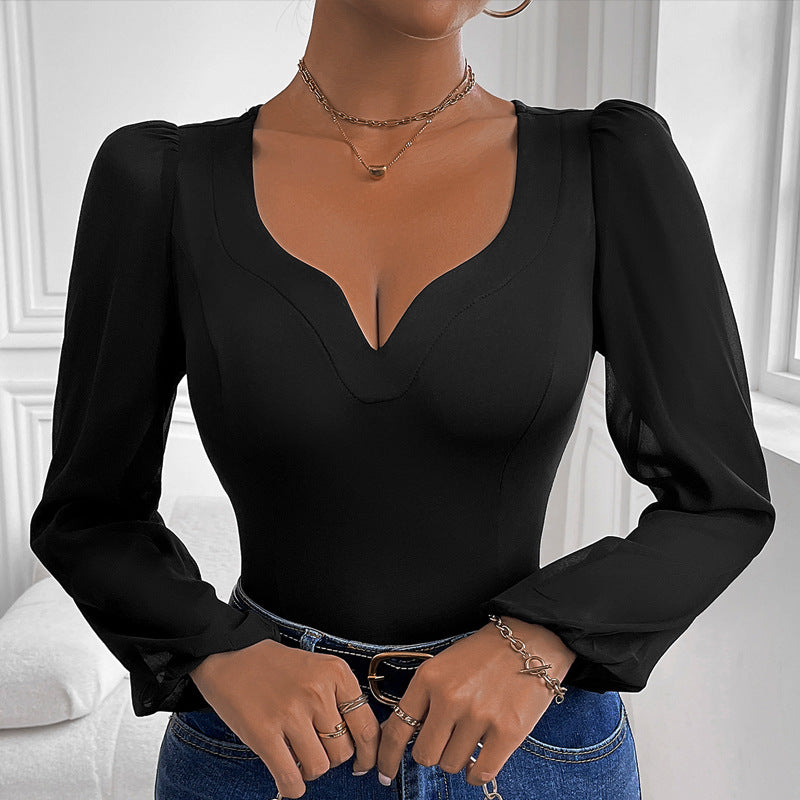 Women Clothing Black Mesh Stitching V neck Jumpsuit Bella Mia