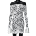 Sweet Spicy Lace Hollow Out Cutout out off Collar Tied Lotus Leaf Short Dress Summer Bella Mia