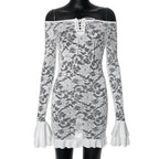 Sweet Spicy Lace Hollow Out Cutout out off Collar Tied Lotus Leaf Short Dress Summer Bella Mia