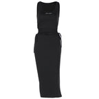 Women Clothing Summer Solid Color U Collar Lace up Cutout Sexy Slit Tight Dress Bella Mia