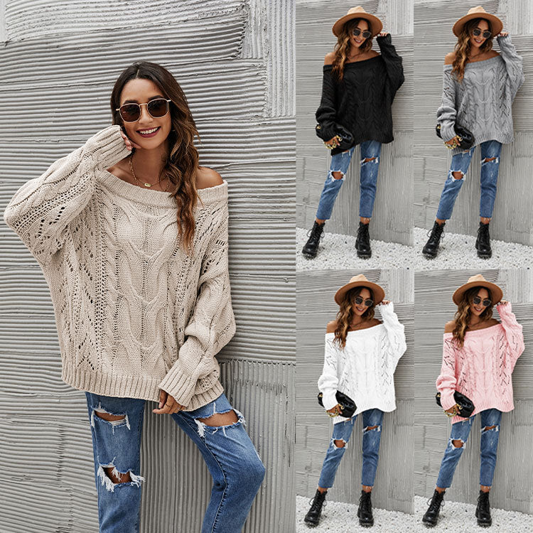 Autumn Winter off-Shoulder Plus Size Loose Sweater off-Shoulder Solid Color Pullover Sweater Women Bella Mia