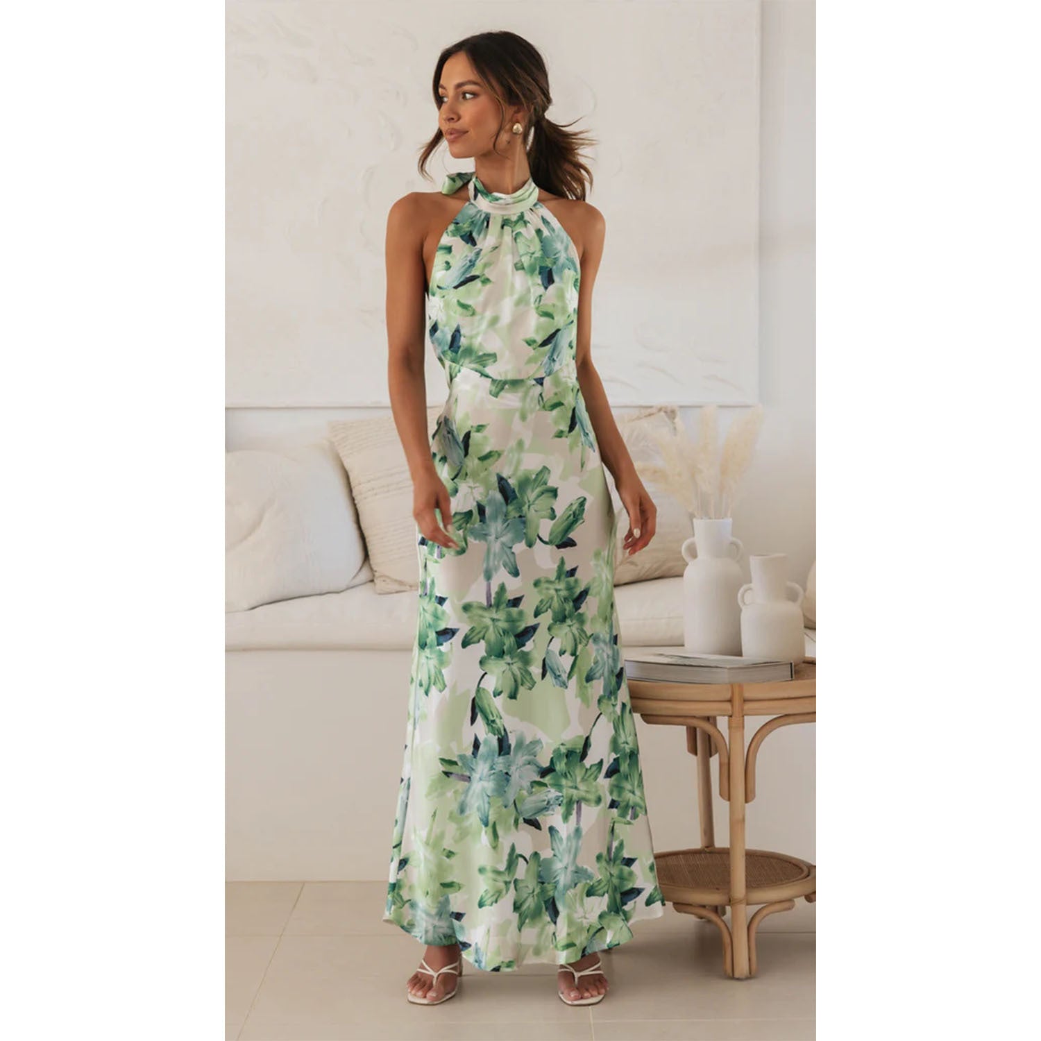 Spring Summer Floral Digital Printing Sweet Halter Mid Length Dress Bella Mia