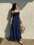 Ruffled Spaghetti Straps Dress Women Summer Tight Waist Slim Backless Long Vacation