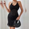 Charming Sexy Lace Pleating Wooden Ear Design Rope Halter Hip Hugger Black Dress Bella Mia