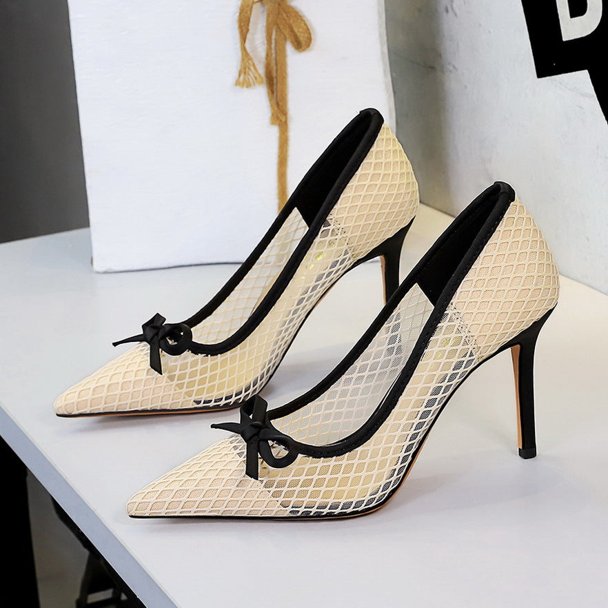 French High Heels Bow Pointed Shallow Mouth Mesh Lace Stiletto Heel Slip on Pumps Women