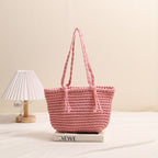 Tassel Shoulder Cotton Thread Woven Bag Solid Color Straw Bag Vacation Beach Bag Casual Women Bag Bella Mia