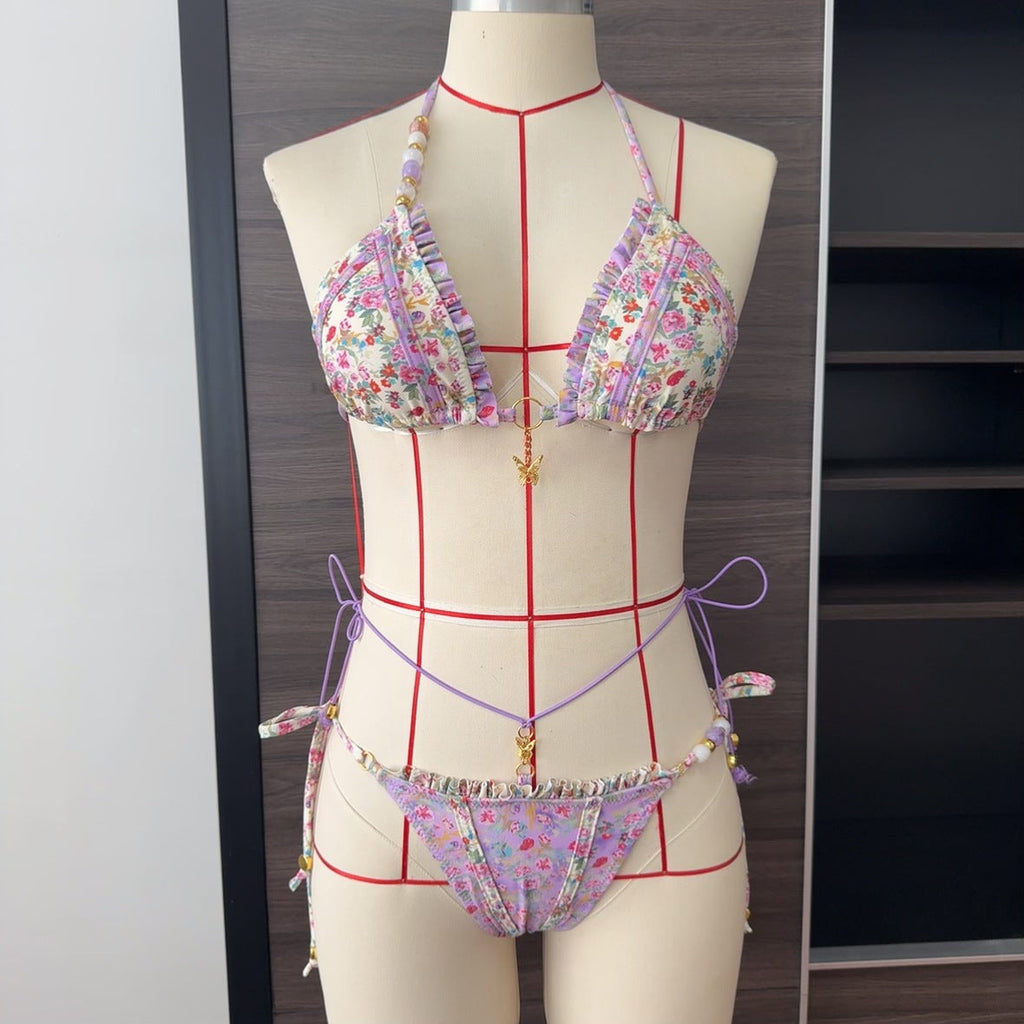 Multicolor Printing Bikini Butterfly Sexy Lace up Split Swimsuit Women Wear Beads Accessories Bella Mia
