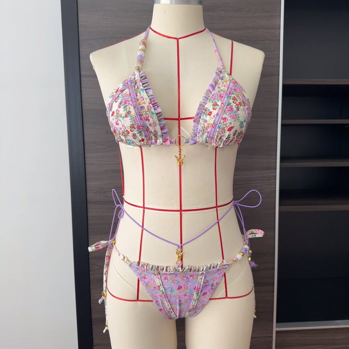 Multicolor Printing Bikini Butterfly Sexy Lace up Split Swimsuit Women Wear Beads Accessories Bella Mia