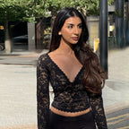 Autumn Sexy Hollow Out Cutout out V neck Lace See through Bottoming Top Bella Mia