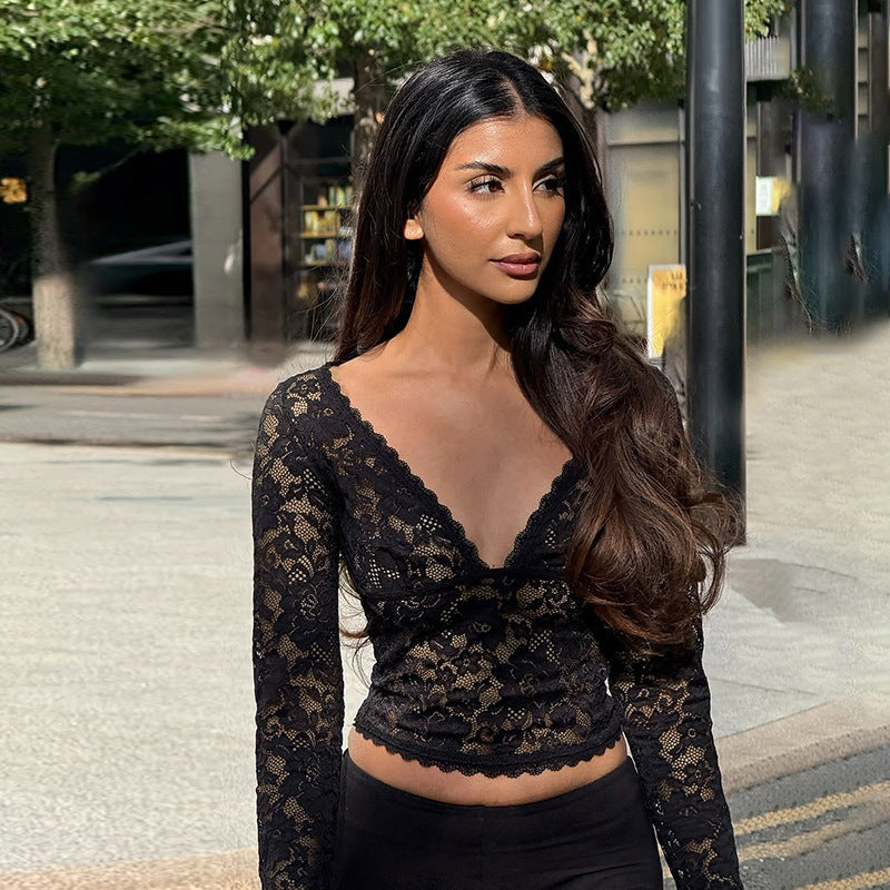Autumn Sexy Hollow Out Cutout out V neck Lace See through Bottoming Top Bella Mia