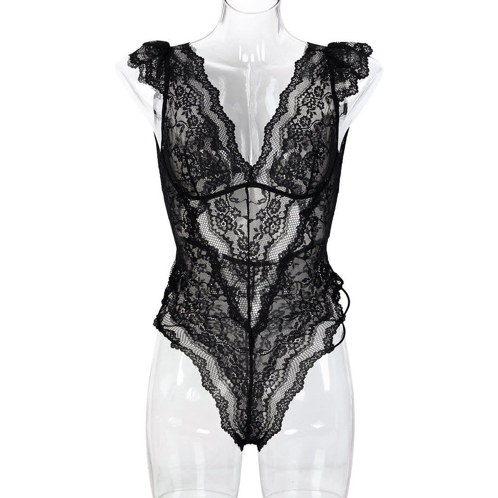 Women Clothes Mysterious Black Lace Deep V Plunge Sexy Hip Tied Jumpsuit Bella Mia