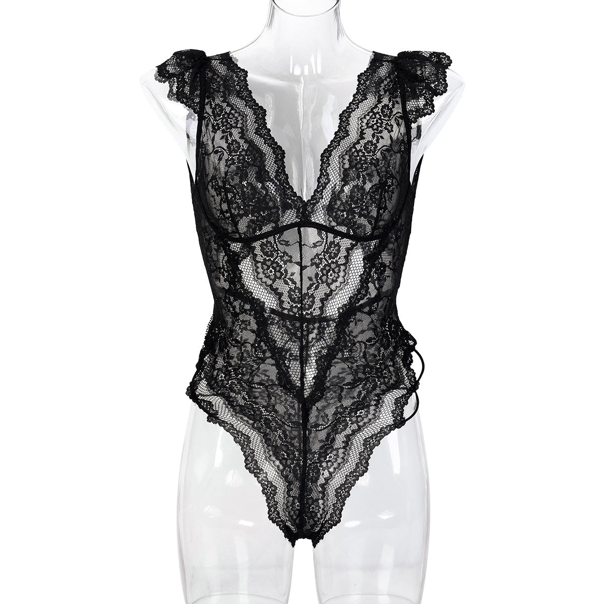 Women Clothes Mysterious Black Lace Deep V Plunge Sexy Hip Tied Jumpsuit Bella Mia