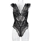 Women Clothes Mysterious Black Lace Deep V Plunge Sexy Hip Tied Jumpsuit Bella Mia