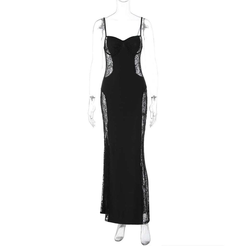 Stitching Lace Hollow Out Cutout out Cinched Slim Sexy Hip Spaghetti Straps Dress Women Bella Mia