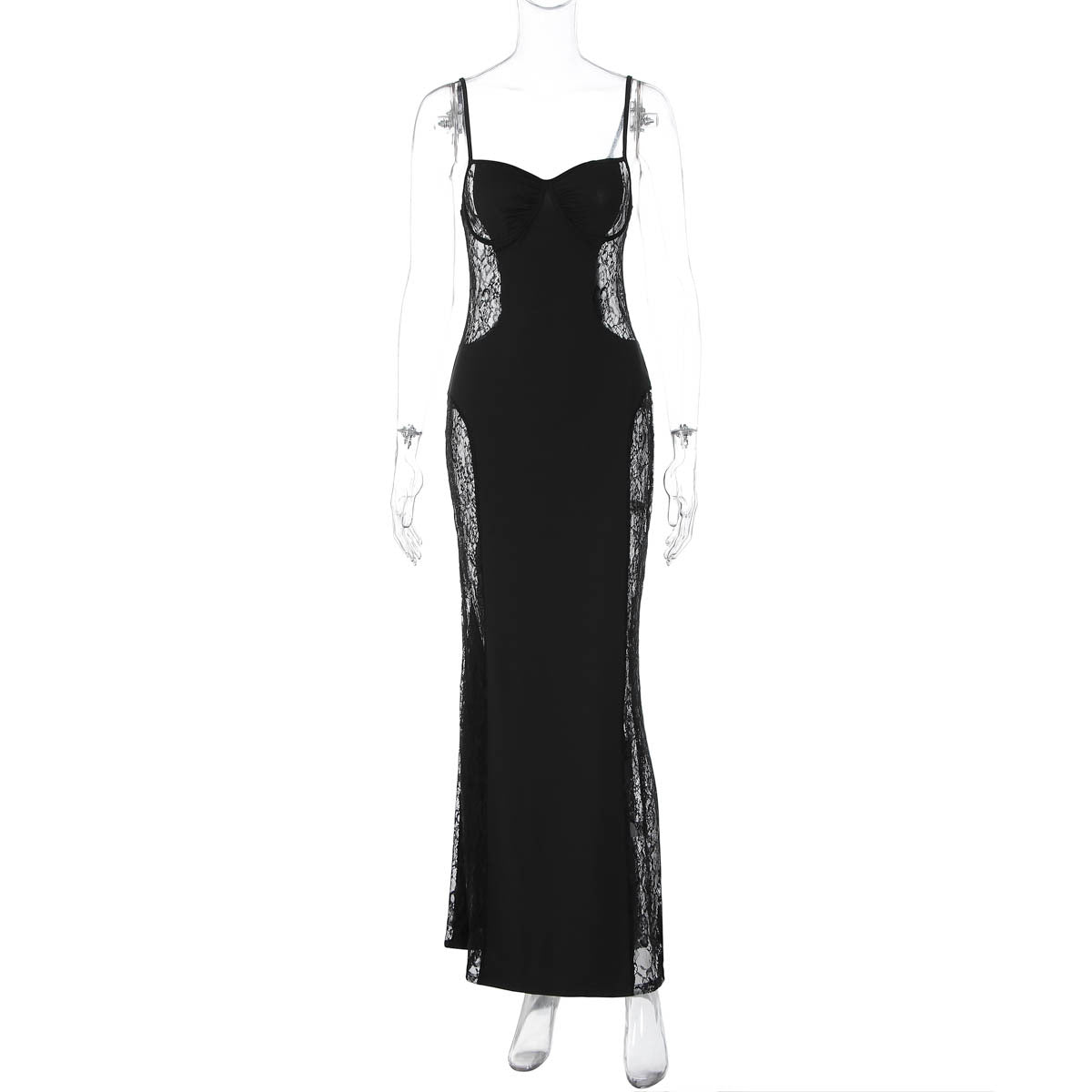 Stitching Lace Hollow Out Cutout out Cinched Slim Sexy Hip Spaghetti Straps Dress Women Bella Mia