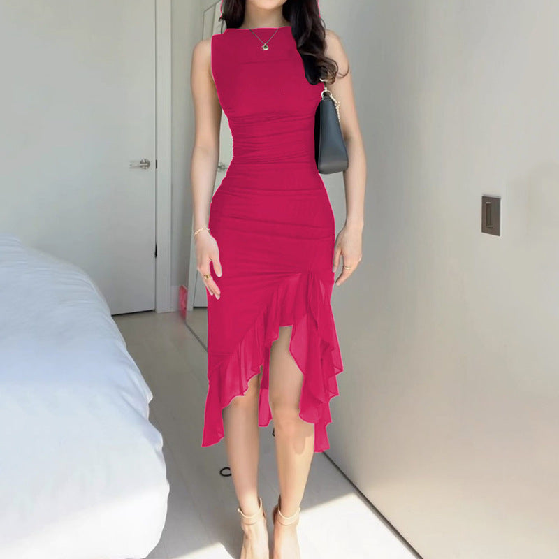 Women Clothing Summer Round Neck Tight Waist Solid Color Tight Dress Bella Mia