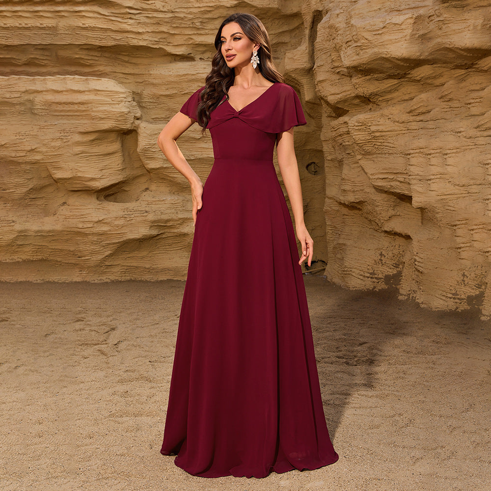 Chiffon V neck Bowknot Shawl Back Zipper a Large Swing Fully Lined Elegant Evening Dress Women Bella Mia