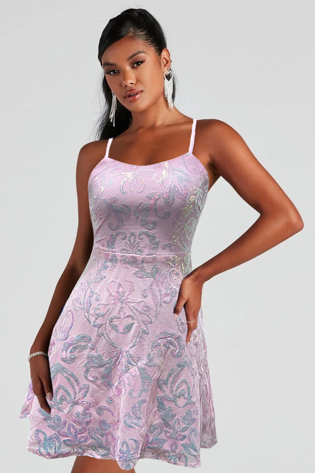 Women Flashing Sequ Loose Mini Dress Cocktail Party Strap Dress Bella Mia