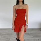 Women Tube Top Stitching Lace Slim Sexy Slit Short Dress Bella Mia