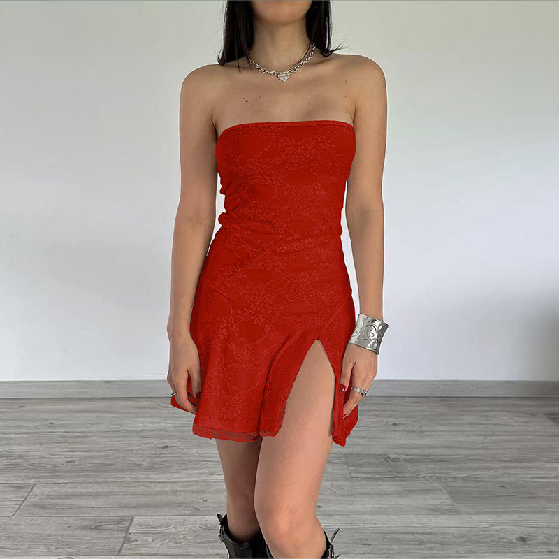 Women Tube Top Stitching Lace Slim Sexy Slit Short Dress Bella Mia